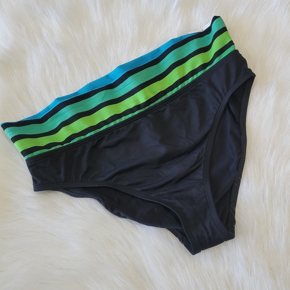 La Blanca Foldover Striped Waistband Bikini Bottom 8 NWT Black & Greens/Blues - Picture 1 of 9